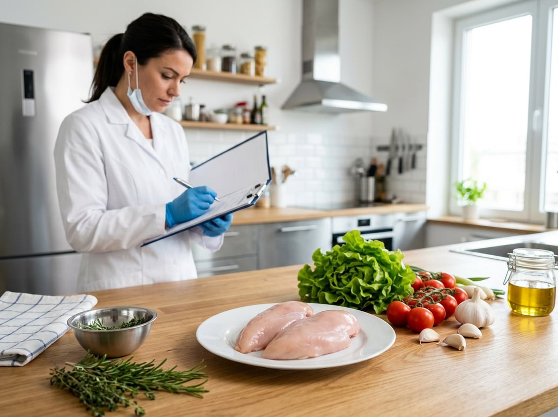 Fresh raw chicken breasts on a plate in a kitchen with a person in a lab coat inspecting a clipboard in the background.