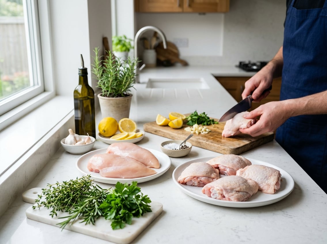 Raw chicken breasts and thighs on plates with fresh herbs and cooking ingredients on a kitchen countertop, with hands preparing the chicken in the background.