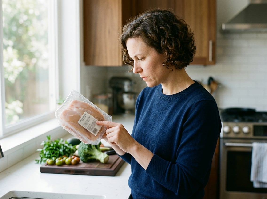 A person in a kitchen closely examining a packaged chicken breast, checking the label.