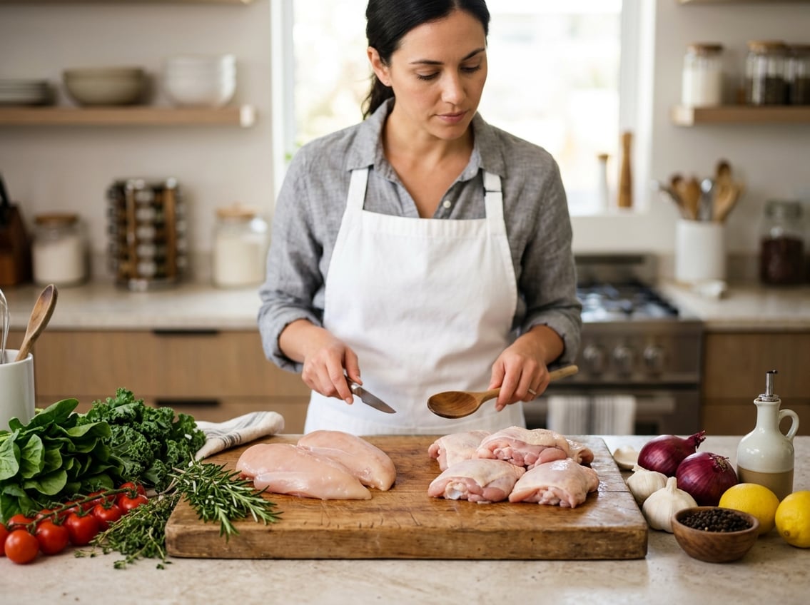 A person in a kitchen comparing raw chicken breasts and thighs on a cutting board surrounded by fresh vegetables.