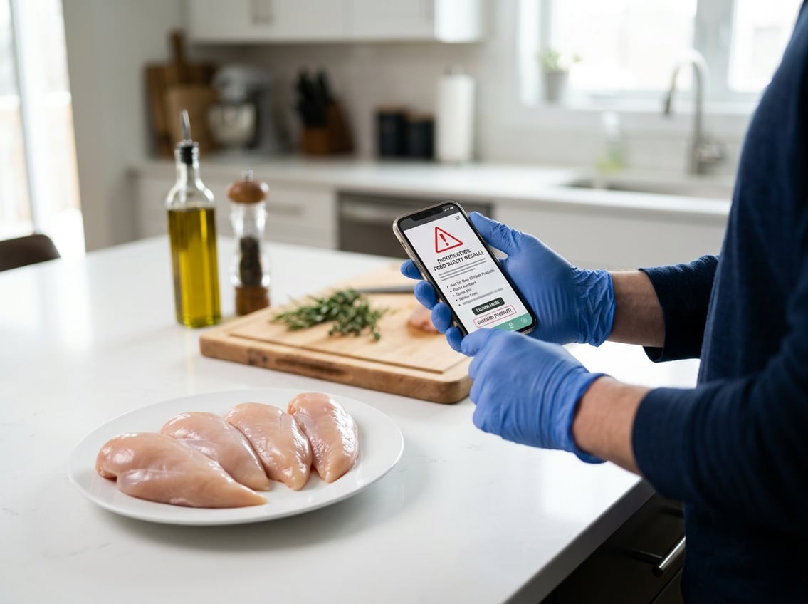 A person holding a smartphone near raw chicken breasts on a kitchen countertop.