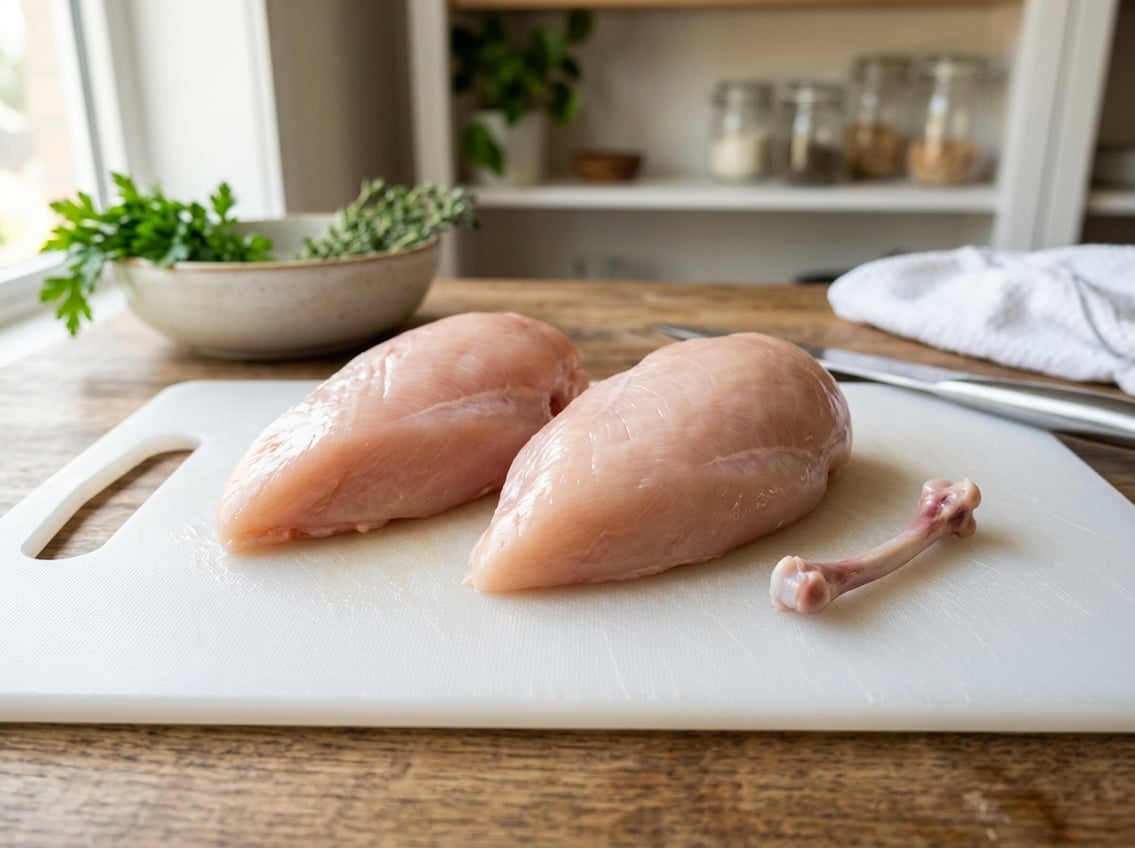 Close-up of raw chicken breasts on a cutting board with a small chicken bone placed beside them.