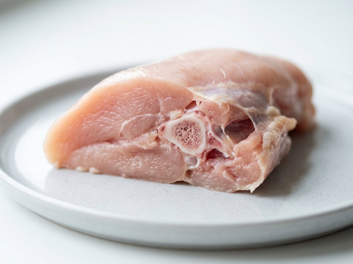 Close-up of a raw chicken breast cut open to show the bones inside.