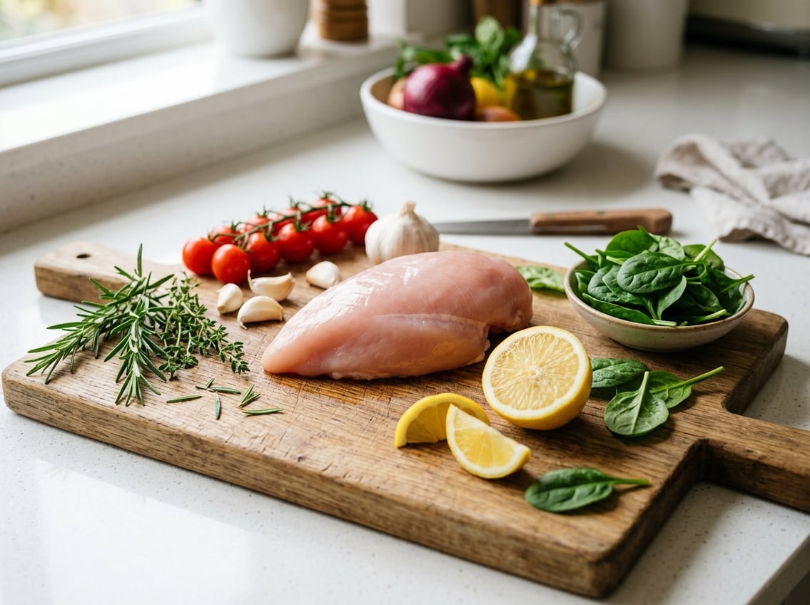 A fresh raw chicken breast on a wooden cutting board surrounded by herbs, lemon, garlic, and vegetables on a kitchen countertop.