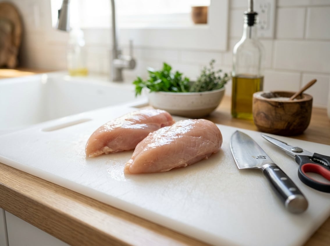 Close-up of raw chicken breasts on a cutting board with kitchen tools in a bright kitchen.