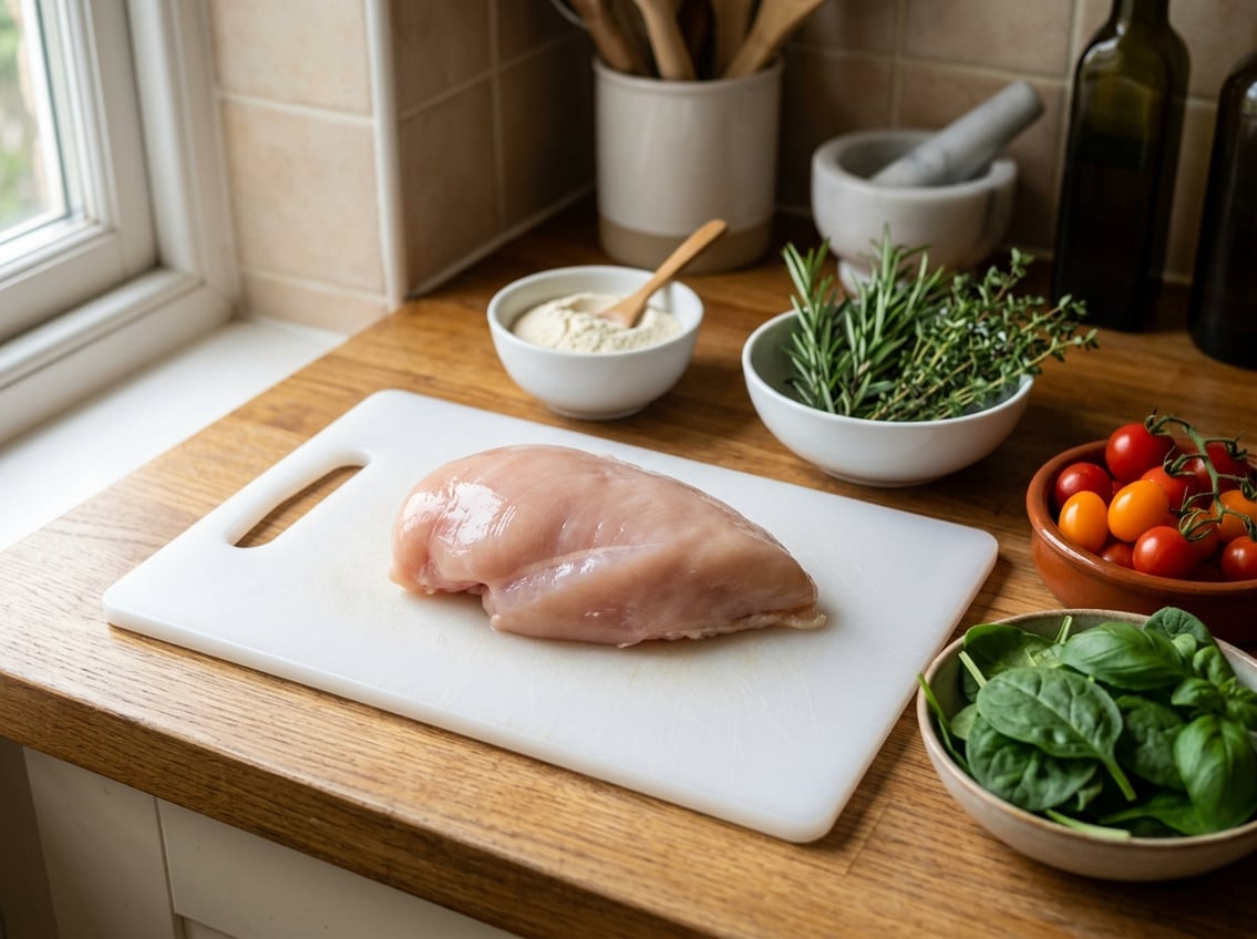 A fresh raw chicken breast on a cutting board surrounded by herbs and vegetables on a kitchen countertop.