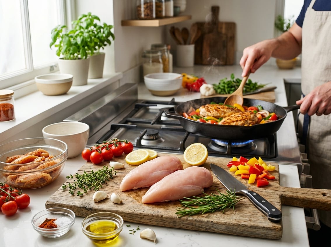 A kitchen scene showing raw chicken breasts on a cutting board surrounded by fresh herbs, lemon, garlic, and vegetables, with a pan of cooked chicken and vegetables on the stove in the background.