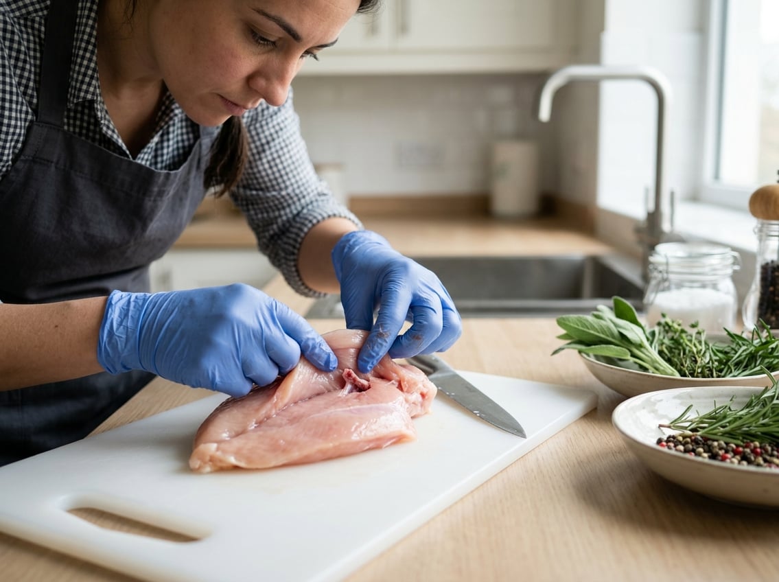 Person wearing gloves inspecting a raw chicken breast on a cutting board in a kitchen setting with cooking tools nearby.