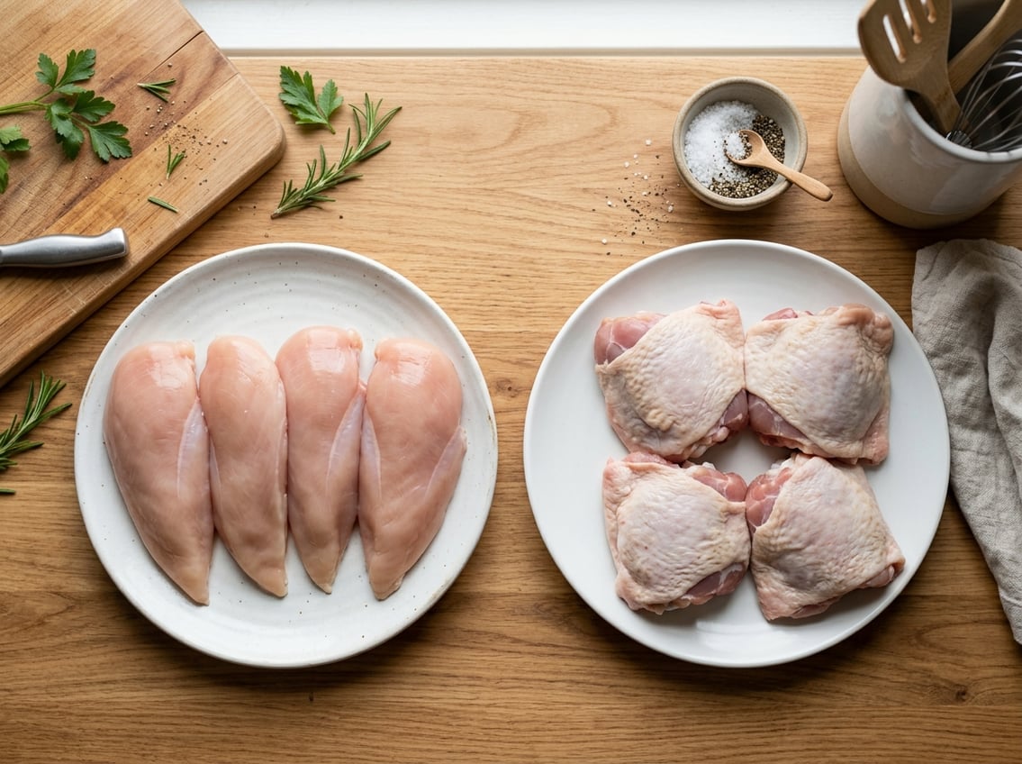 Top-down view of raw chicken breasts and chicken thighs on separate plates on a kitchen countertop with herbs and seasoning nearby.