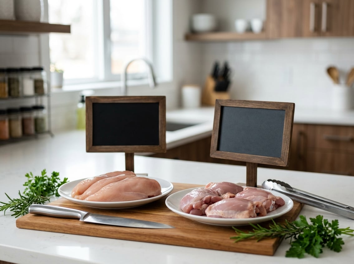 Raw chicken breasts and thighs on separate plates on a kitchen countertop with herbs and kitchen utensils nearby.
