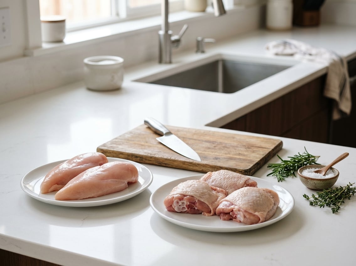Fresh raw chicken breasts and thighs displayed on plates on a kitchen countertop with herbs and a knife nearby.