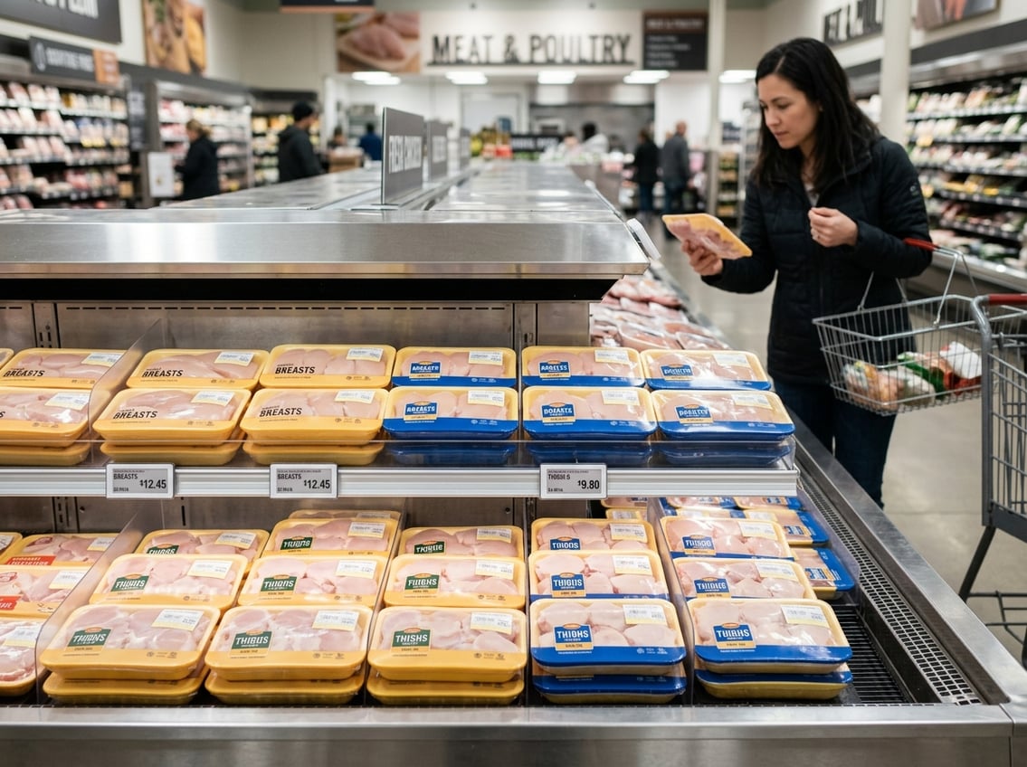 A shopper compares packaged chicken breasts and thighs in a grocery store meat section.