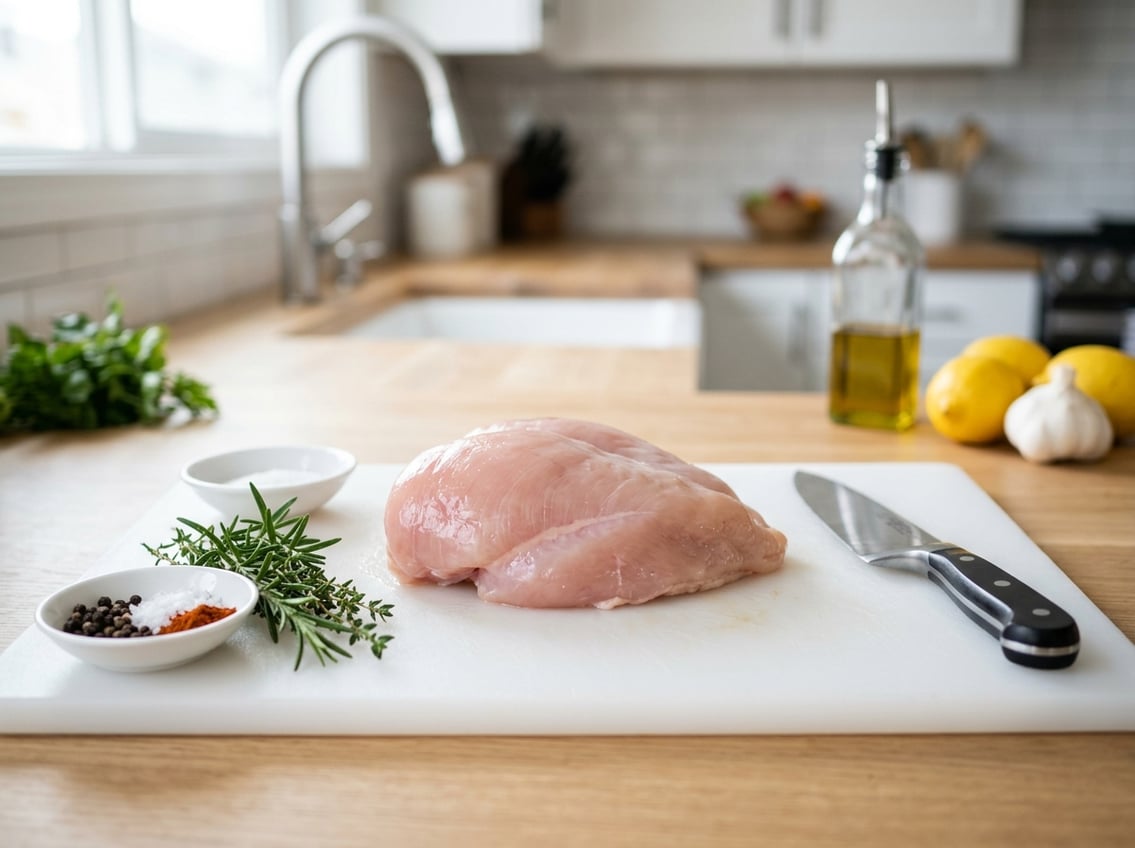 A raw chicken breast on a white cutting board with herbs and a knife nearby in a kitchen.
