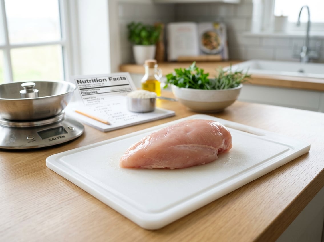 A raw chicken breast on a white cutting board with a kitchen scale and nutrition chart in the background on a clean kitchen countertop.
