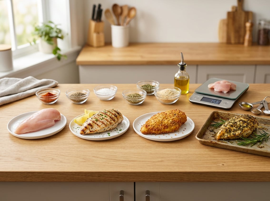 A kitchen countertop showing raw, grilled, fried, and baked chicken breasts with bowls of spices and cooking tools nearby.