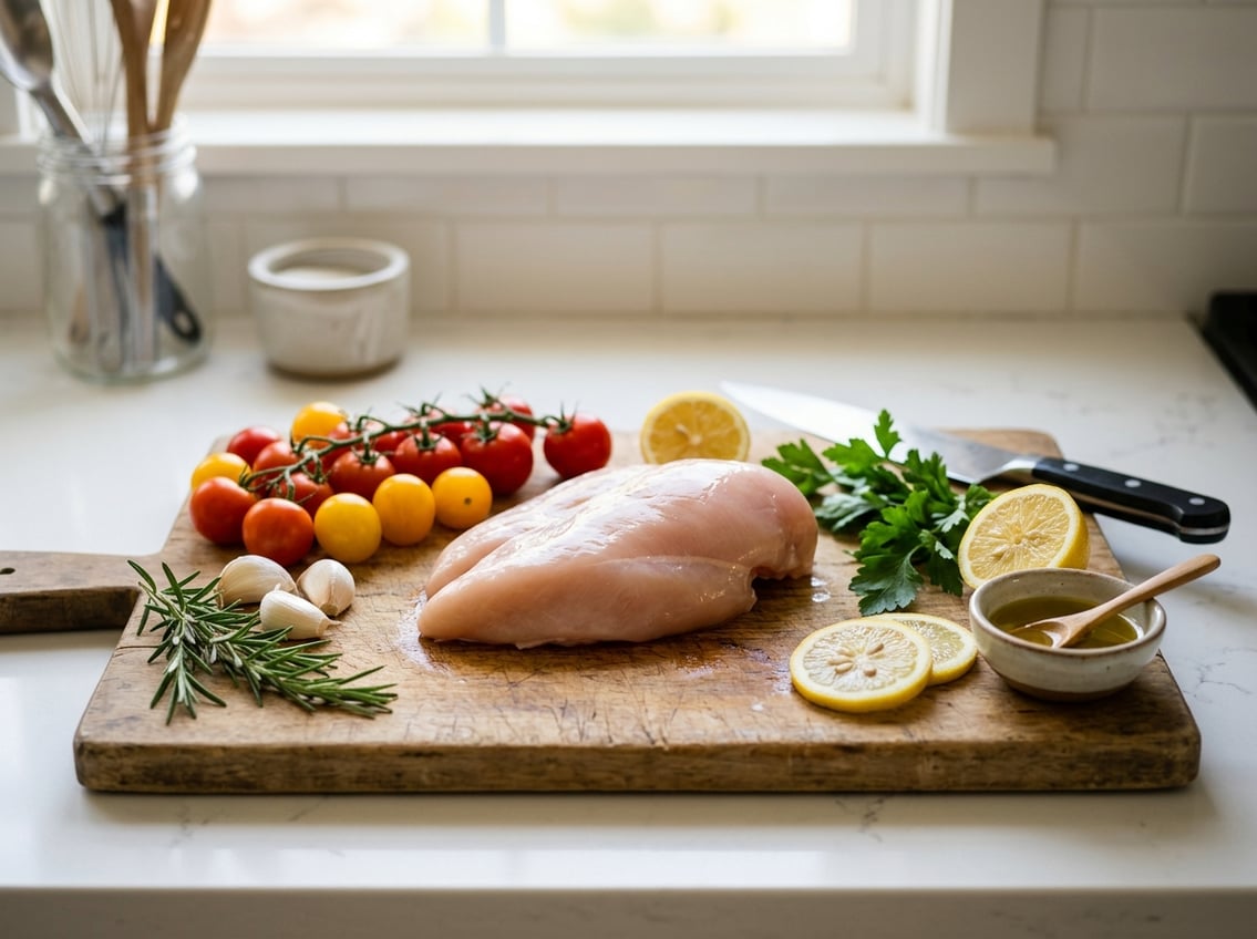 A raw chicken breast on a wooden cutting board surrounded by fresh herbs, cherry tomatoes, lemon slices, and garlic in a bright kitchen.