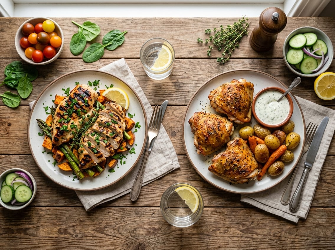 Two plates on a wooden table, one with grilled chicken breasts and the other with roasted chicken thighs, surrounded by fresh vegetables.