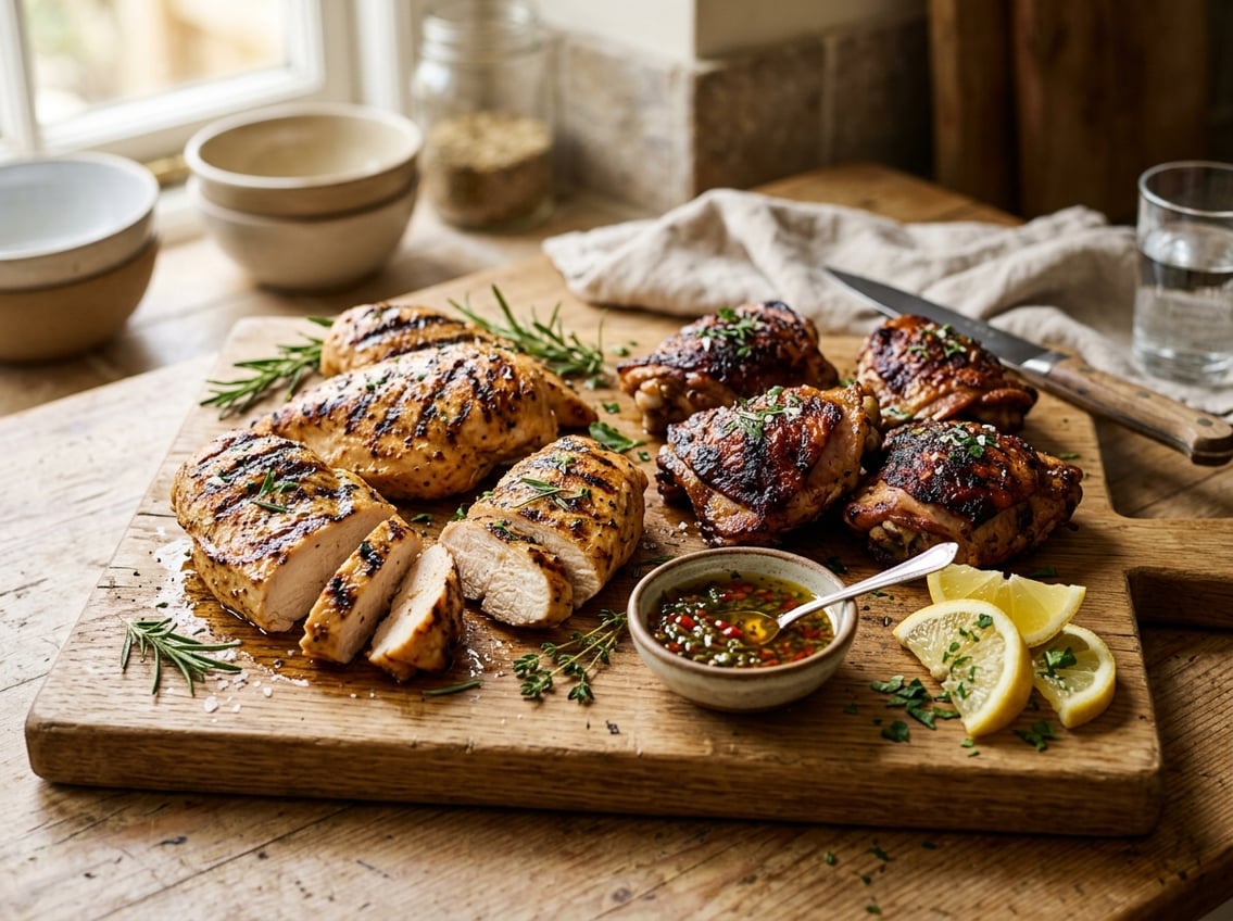 Close-up of cooked chicken breasts and thighs on a wooden cutting board with herbs and lemon slices.