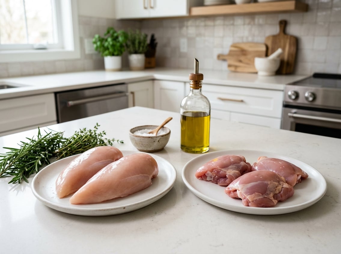 Raw chicken breasts and thighs displayed on plates on a kitchen countertop with herbs and cooking ingredients nearby.