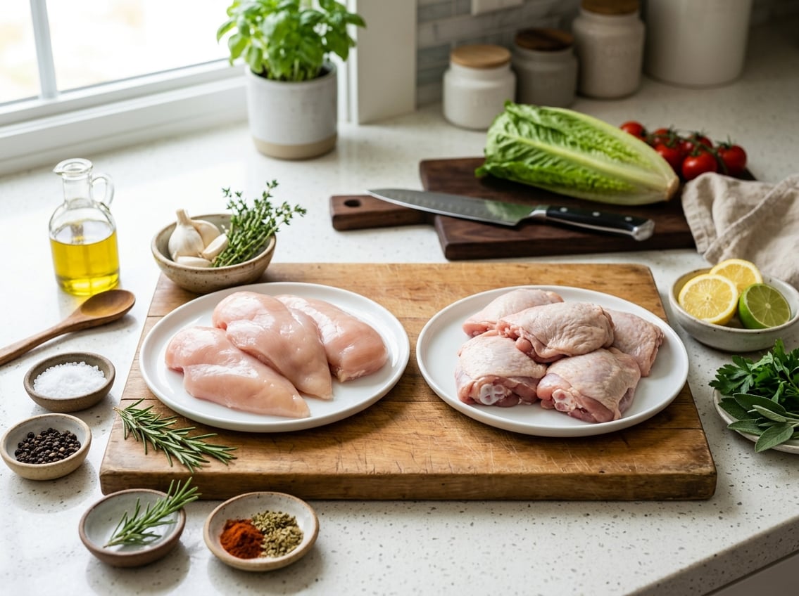 A kitchen countertop with raw chicken breasts on one plate and raw chicken thighs on another, surrounded by cooking ingredients and kitchen tools.