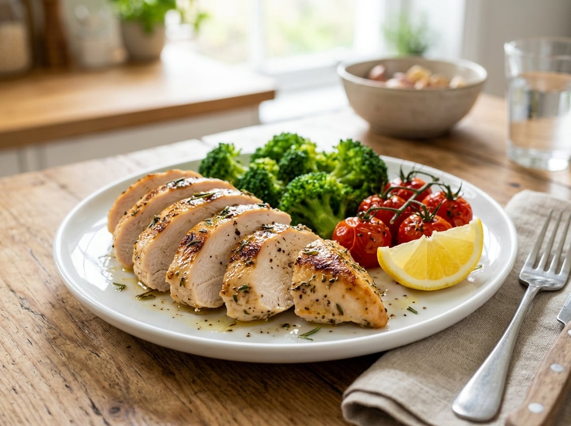 A sliced cooked chicken breast on a white plate with broccoli, cherry tomatoes, and a lemon wedge on a bright kitchen countertop.