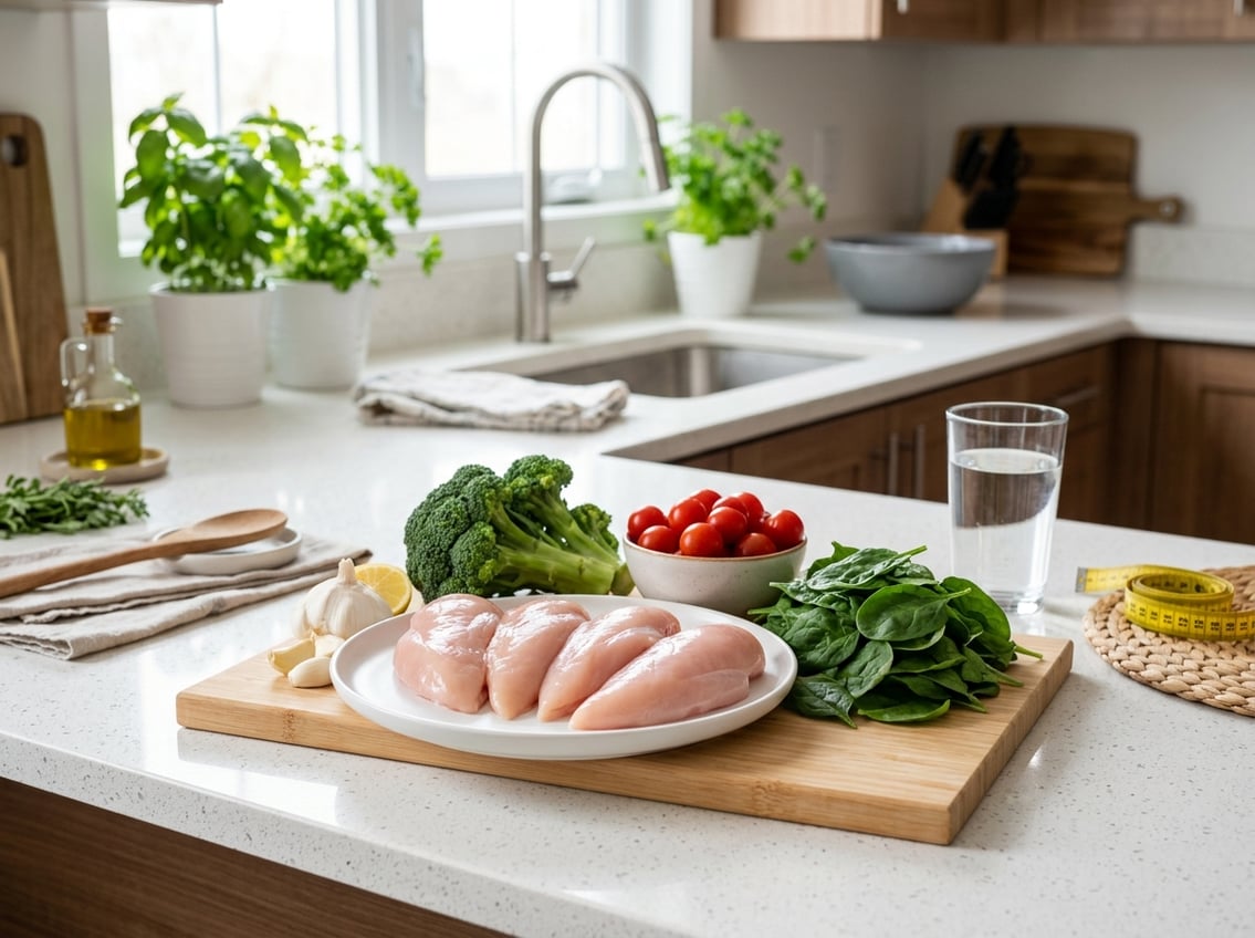 Raw chicken breasts on a white plate surrounded by fresh vegetables and a measuring tape on a kitchen countertop.