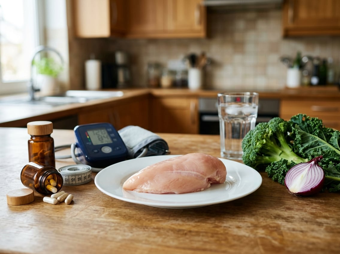A kitchen countertop with a raw chicken breast on a plate, surrounded by vegetables, a measuring tape, a blood pressure monitor, and supplement capsules.