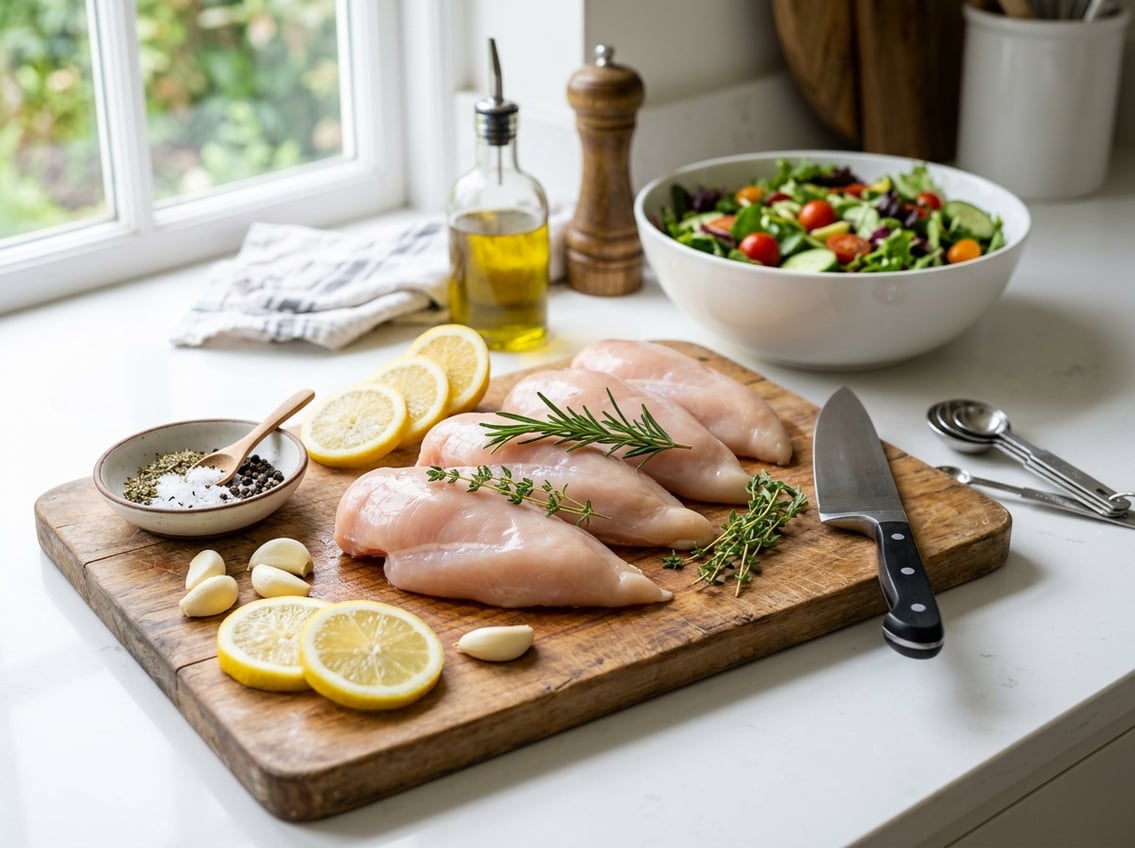 Fresh raw chicken breasts on a cutting board surrounded by herbs, lemon slices, garlic, spices, and kitchen utensils on a kitchen countertop.