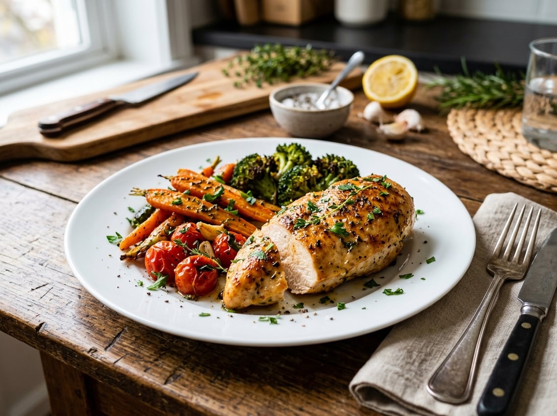 A plated chicken breast dinner with roasted vegetables on a white plate, set on a kitchen table with natural lighting.