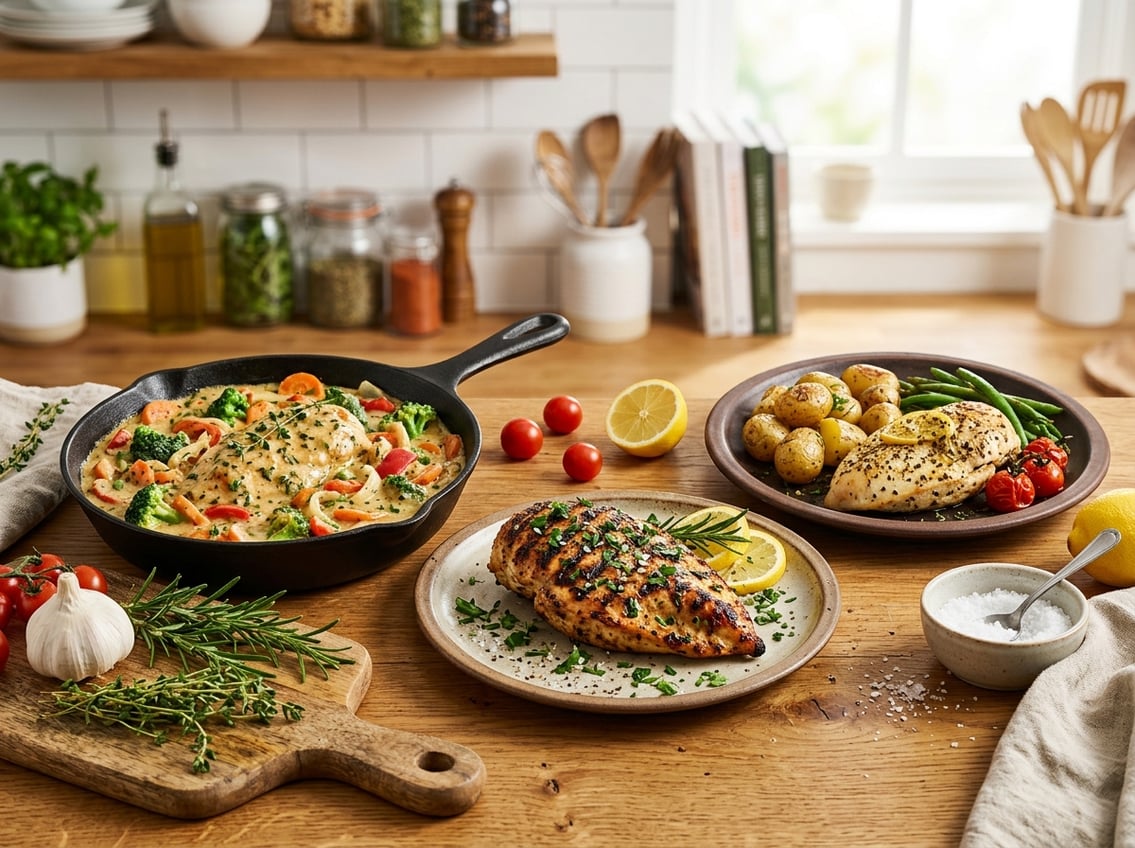 A kitchen countertop displaying several cooked chicken breast dishes with fresh ingredients and kitchen utensils around.