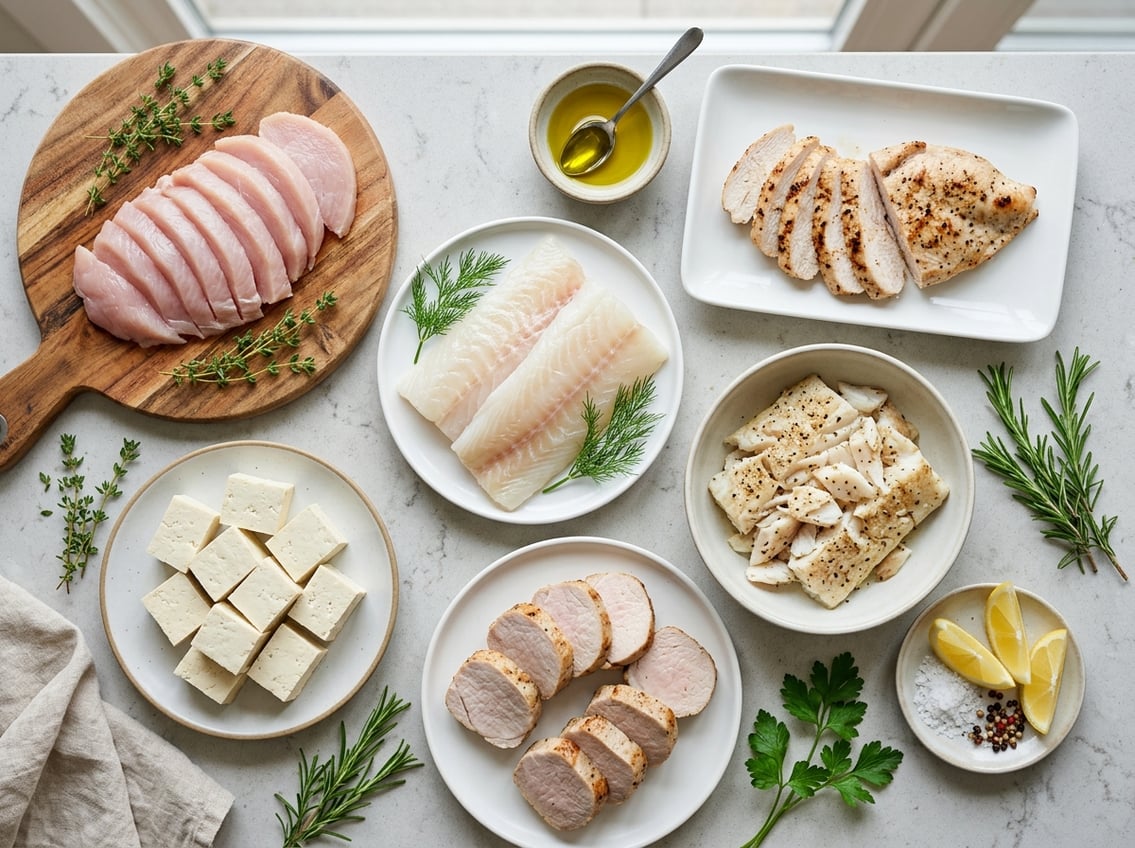 Various raw and cooked protein options similar to chicken breast arranged on plates and cutting boards with fresh herbs and lemon wedges on a kitchen countertop.