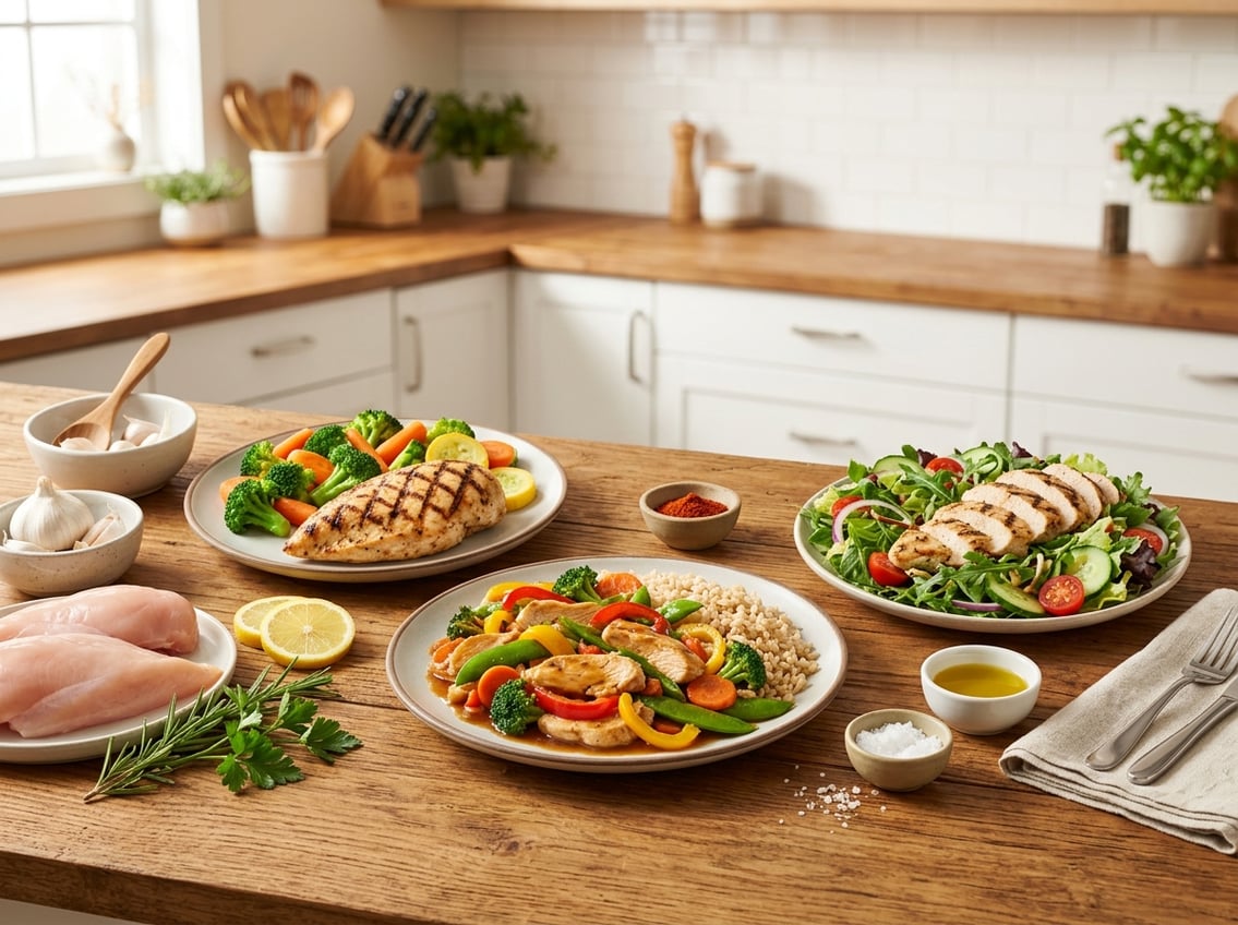 Plates of cooked chicken breast meals with vegetables and fresh ingredients arranged on a kitchen countertop.