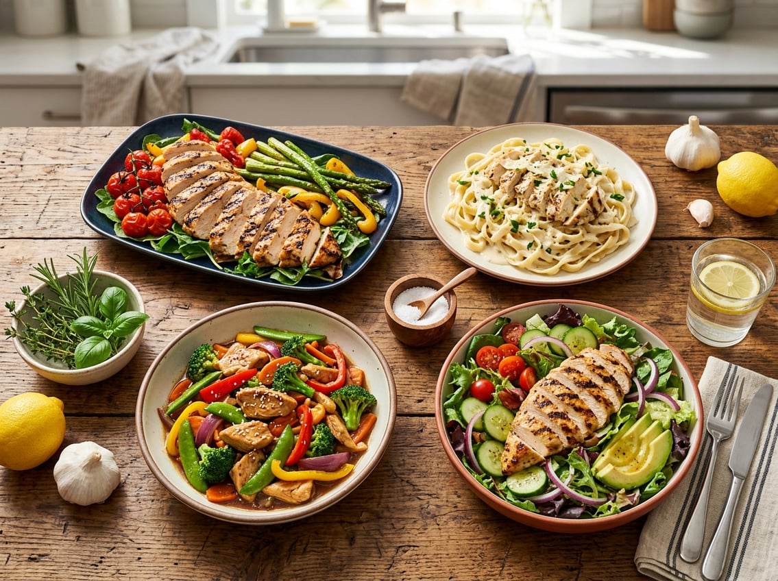 Top-down view of a wooden table displaying various cooked chicken breast dishes with vegetables and garnishes.