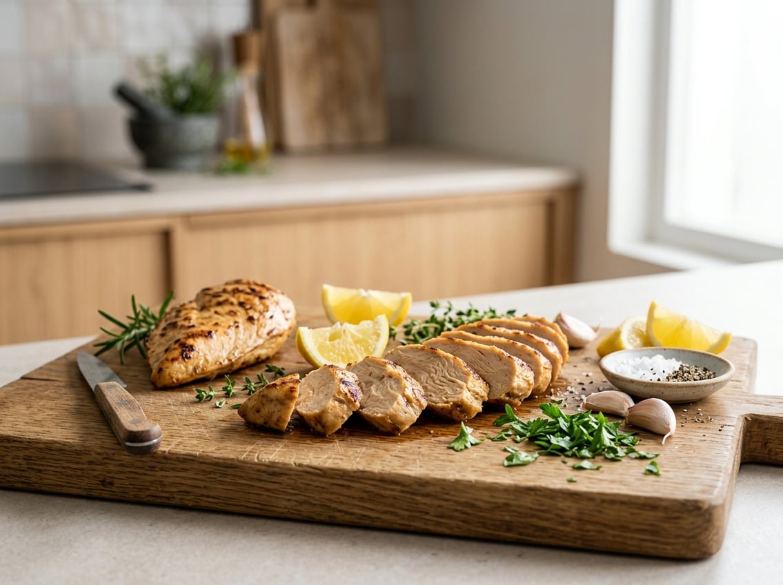 Slices of plant-based chicken alternatives arranged on a wooden cutting board with fresh herbs, garlic, and lemon wedges.