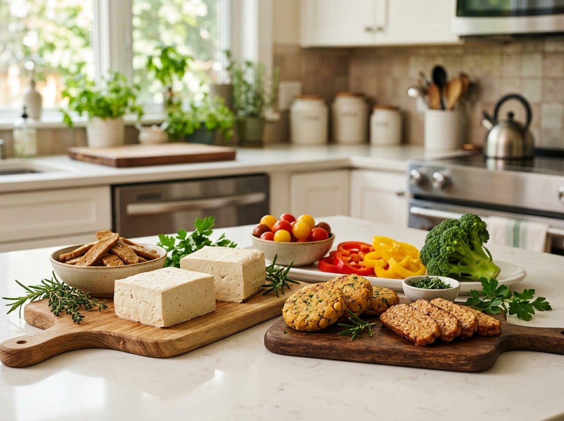 A kitchen countertop displaying whole-food substitutes for chicken breast, including tofu, seitan, chickpea patties, and tempeh, surrounded by fresh herbs and vegetables.