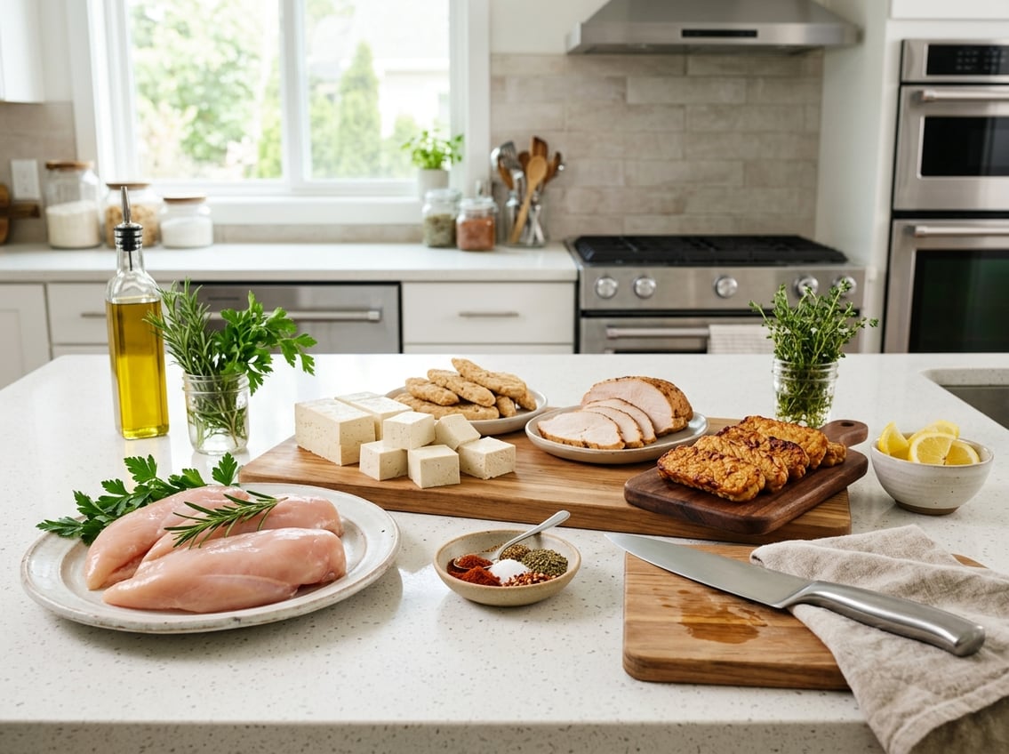 A kitchen countertop displaying raw chicken breasts and various alternative protein options including tofu, plant-based chicken, turkey slices, and tempeh, with fresh herbs and cooking utensils nearby.