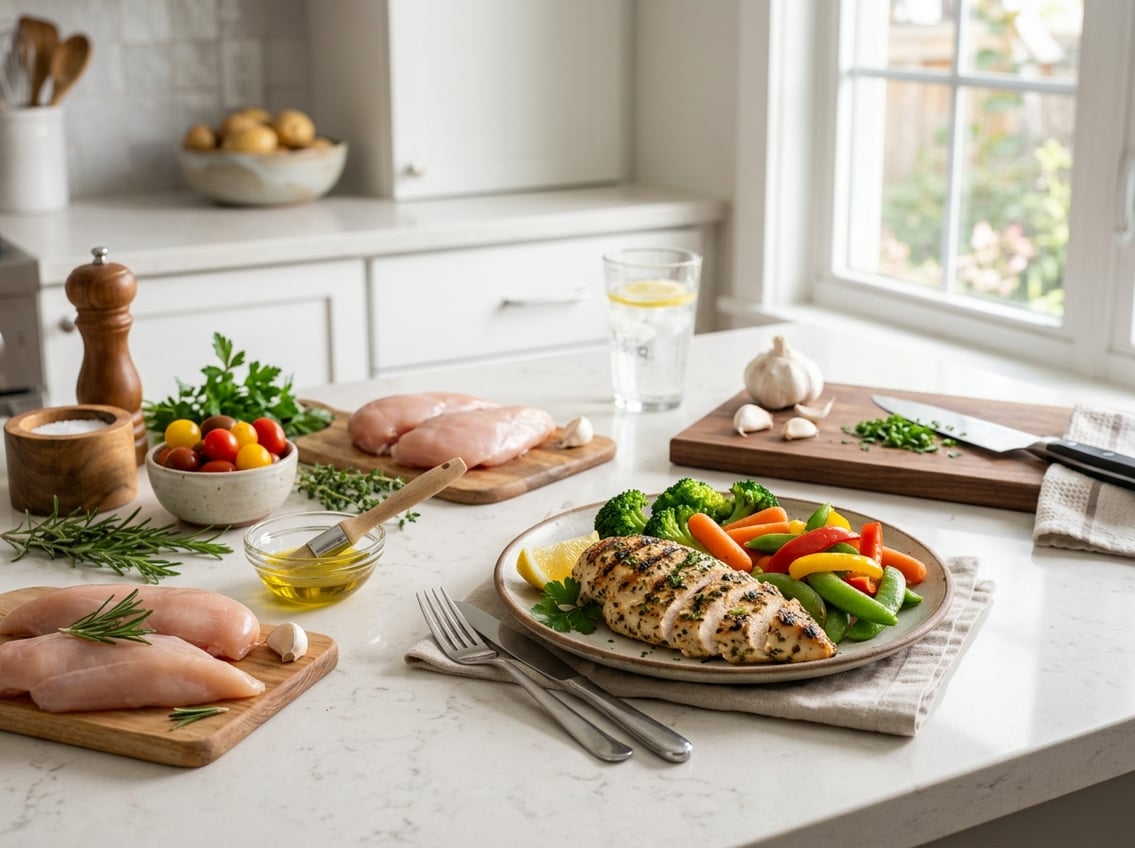 A plated grilled chicken breast with steamed vegetables on a kitchen countertop surrounded by fresh ingredients and cooking tools.