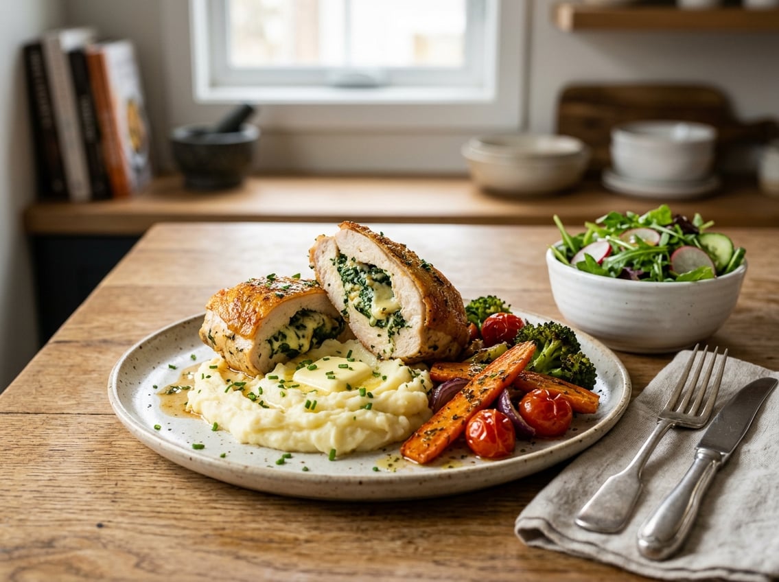 A plate with crispy stuffed chicken breasts served with mashed potatoes, roasted vegetables, and a green salad on a dining table.
