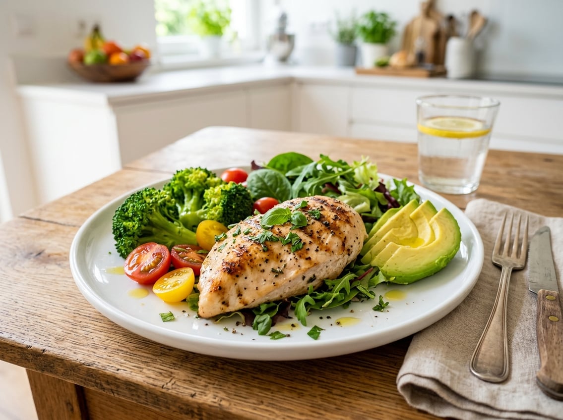 A plate with grilled chicken breast and colorful fresh vegetables including broccoli, cherry tomatoes, avocado, and mixed greens.