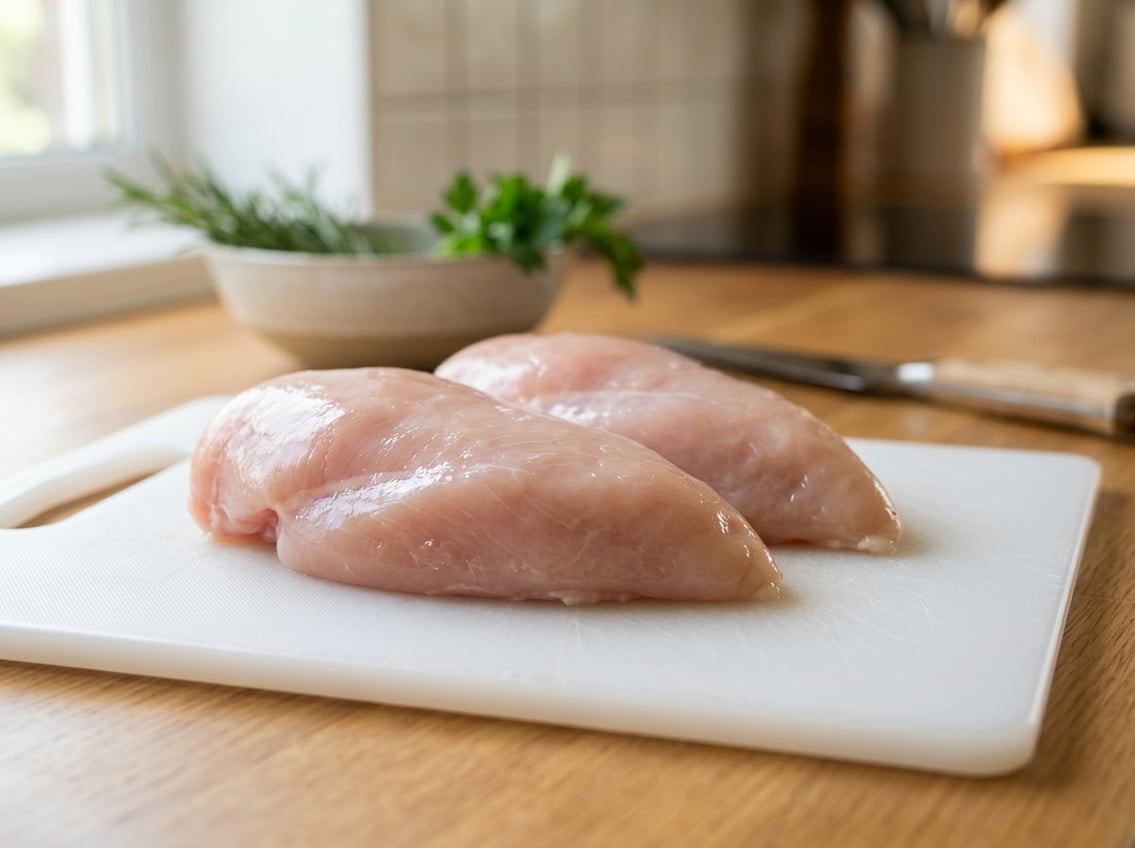 Close-up of fresh raw chicken breasts on a white cutting board in a kitchen setting.