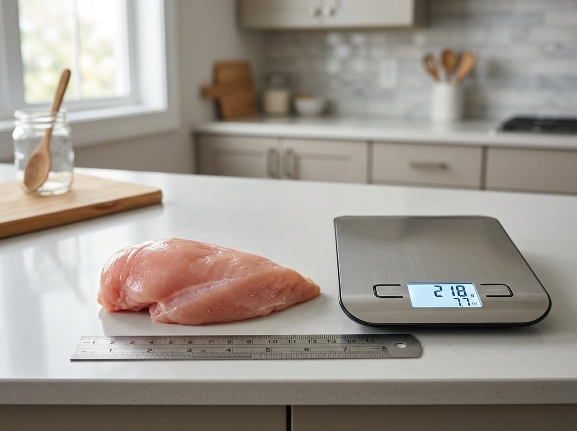 A raw chicken breast on a kitchen countertop next to a kitchen scale and a measuring tape showing its size and weight.
