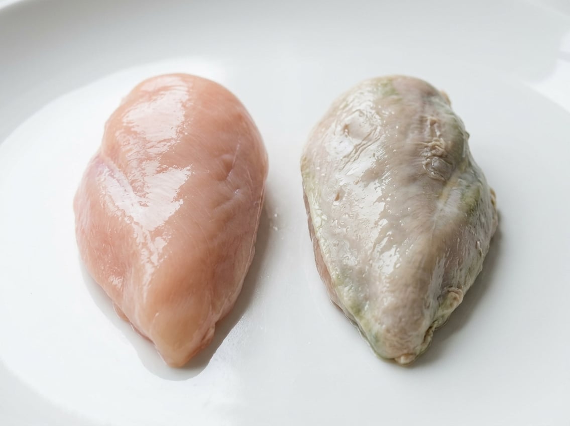 Fresh and spoiled chicken breasts placed side by side on a white surface showing differences in color and texture.