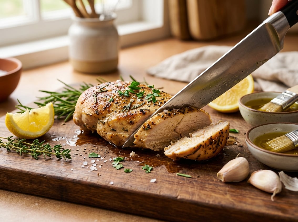 Close-up of a sliced cooked chicken breast on a wooden cutting board with fresh herbs, lemon wedges, olive oil, and garlic around it.