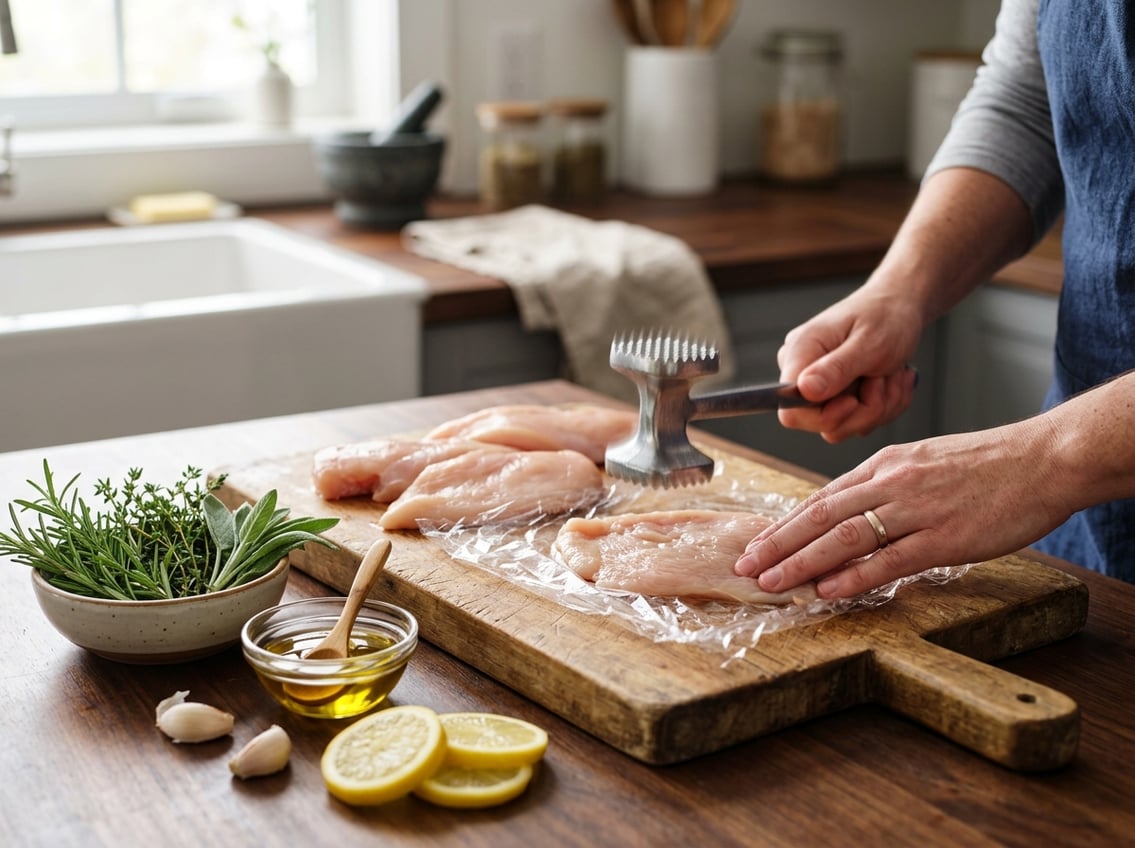 Hands tenderizing raw chicken breasts on a cutting board with herbs, lemon, and garlic nearby in a kitchen.