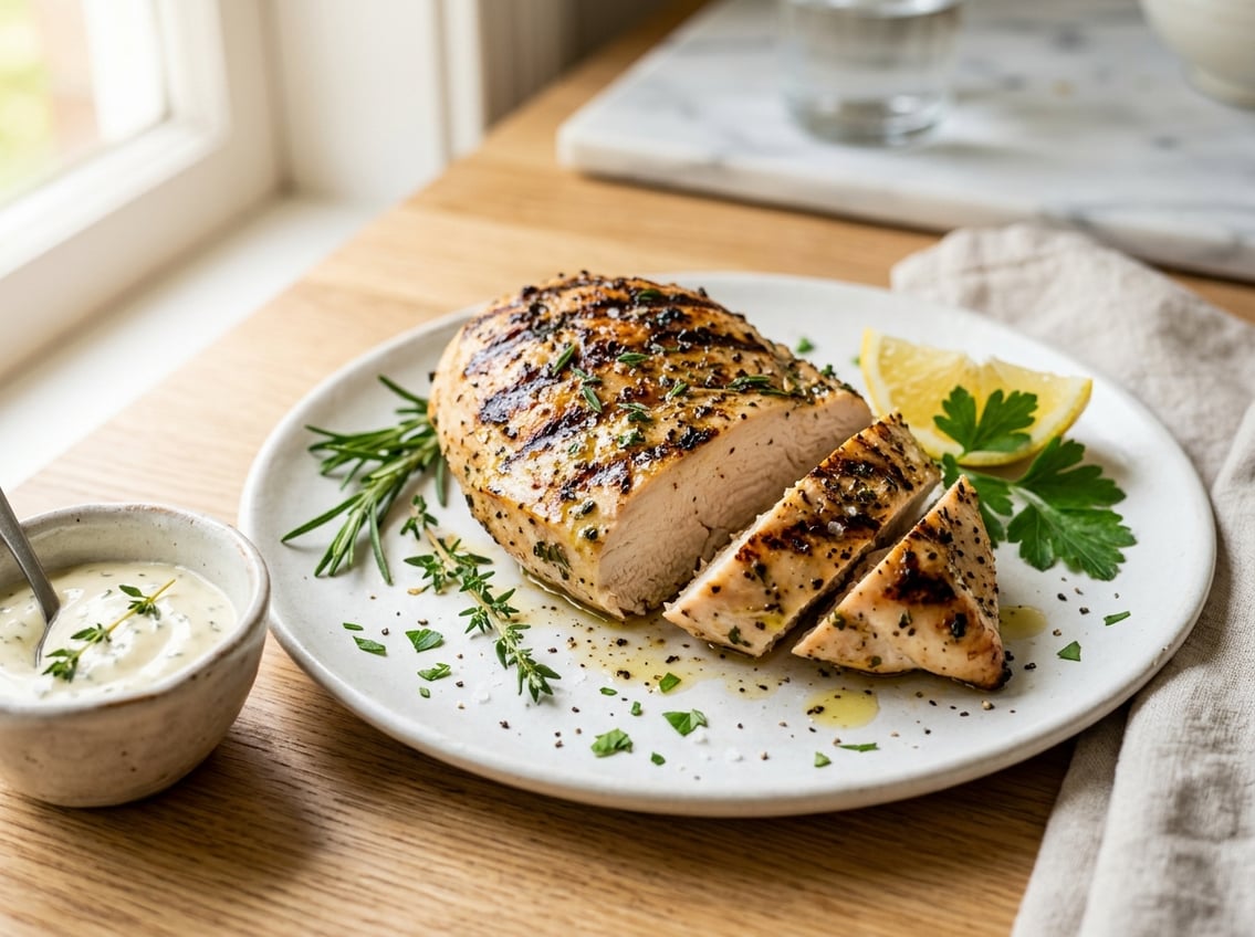 Close-up of a juicy cooked chicken breast on a white plate with fresh herbs and a small bowl of sauce on a kitchen countertop.