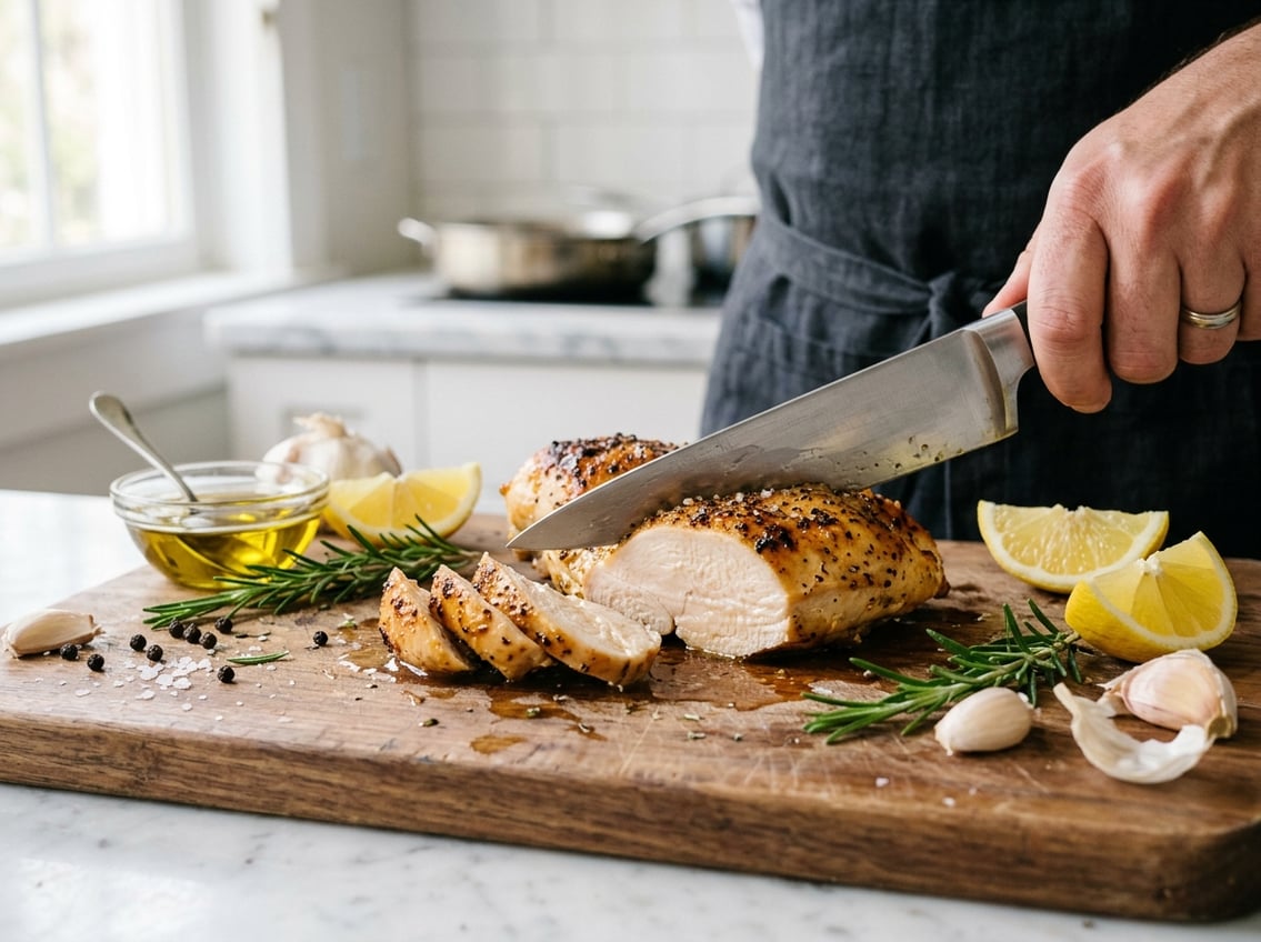 Close-up of a sliced cooked chicken breast on a wooden cutting board with lemon wedges, rosemary, garlic, and olive oil nearby in a bright kitchen.