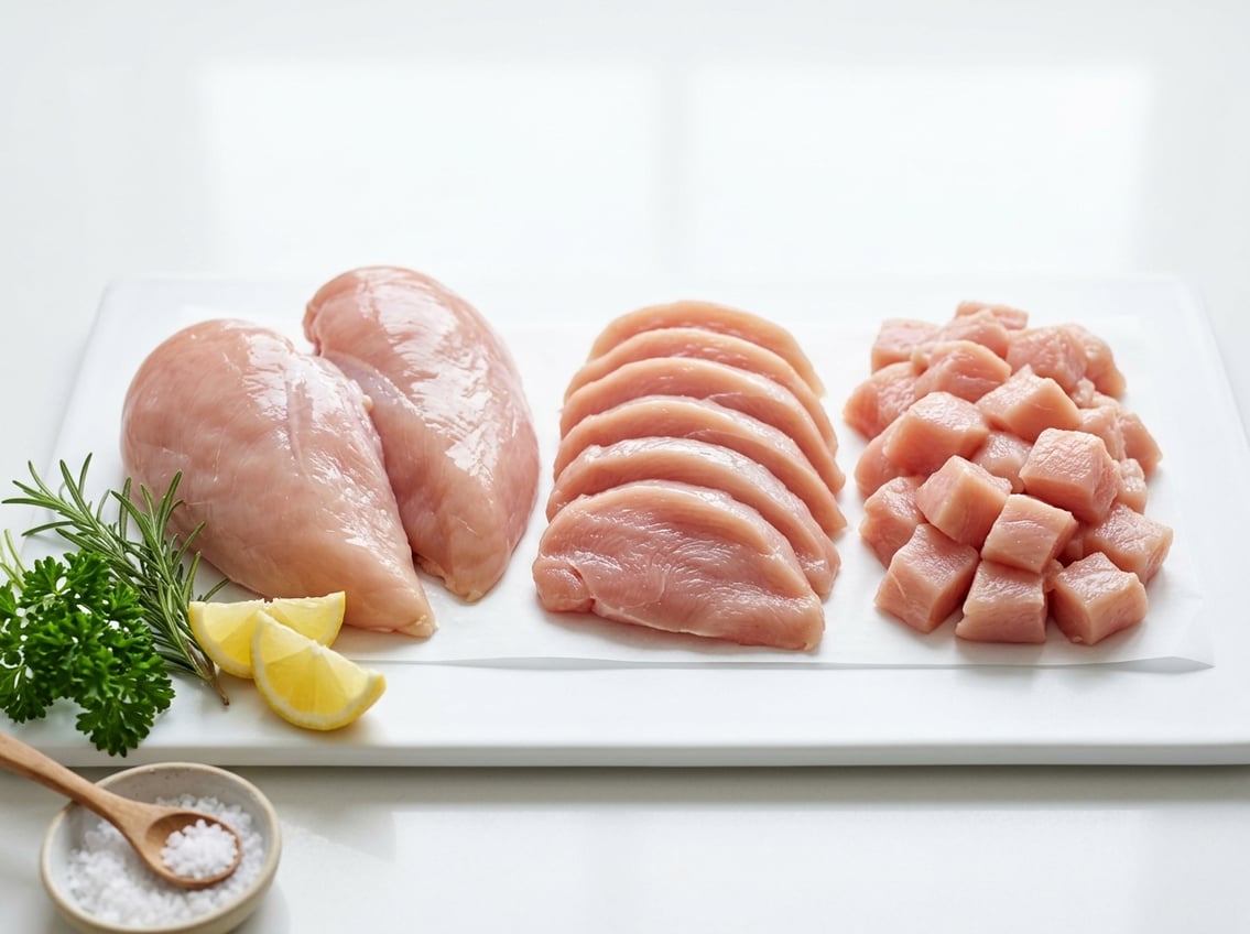 Several raw chicken breast cuts including whole, sliced, and diced pieces arranged on a white surface with fresh herbs and lemon wedges.