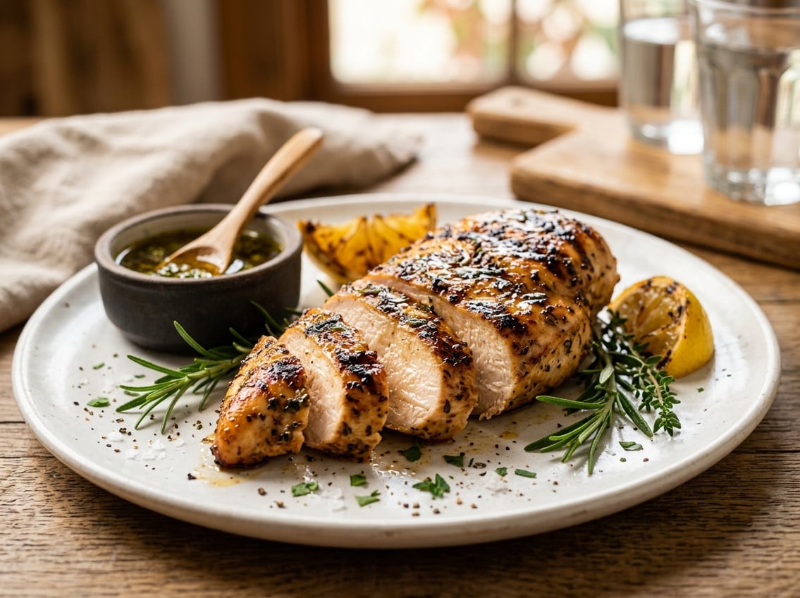 Close-up of a cooked chicken breast on a plate with fresh herbs and lemon slices.