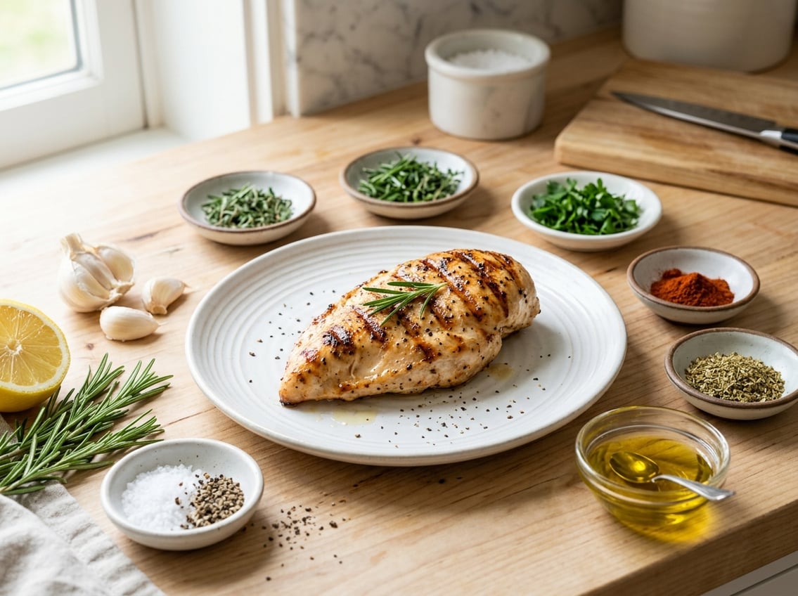 A cooked chicken breast on a white plate with small bowls of seasonings and fresh ingredients arranged around it on a kitchen countertop.