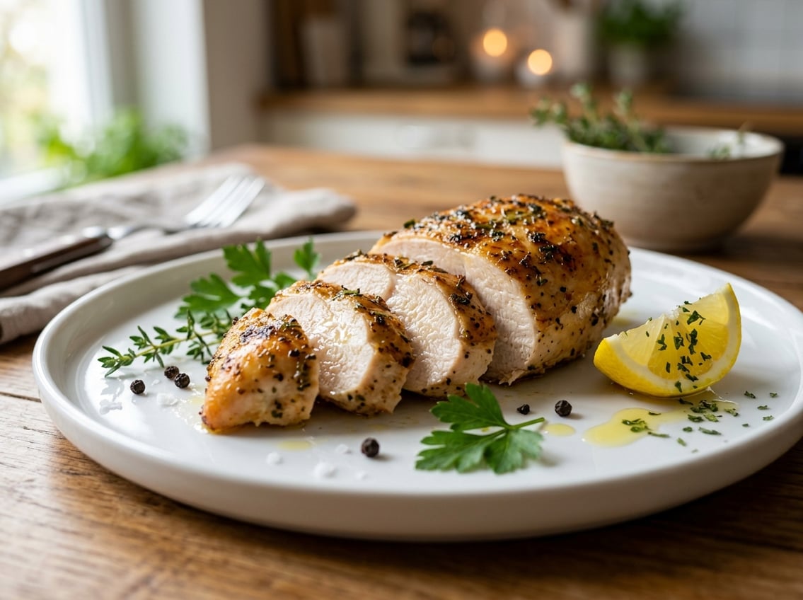 Close-up of a sliced cooked chicken breast on a white plate with herbs and a lemon wedge.